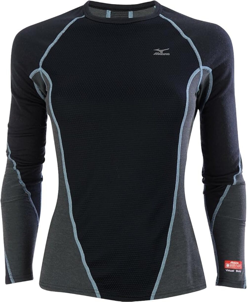 Mizuno Breath Thermo Base Layer Crew Neck Colorblock Black Alaskan Blue Large